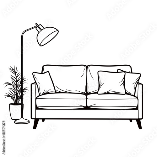 Line art of lounge set with couch and lamp, minimalist interior design