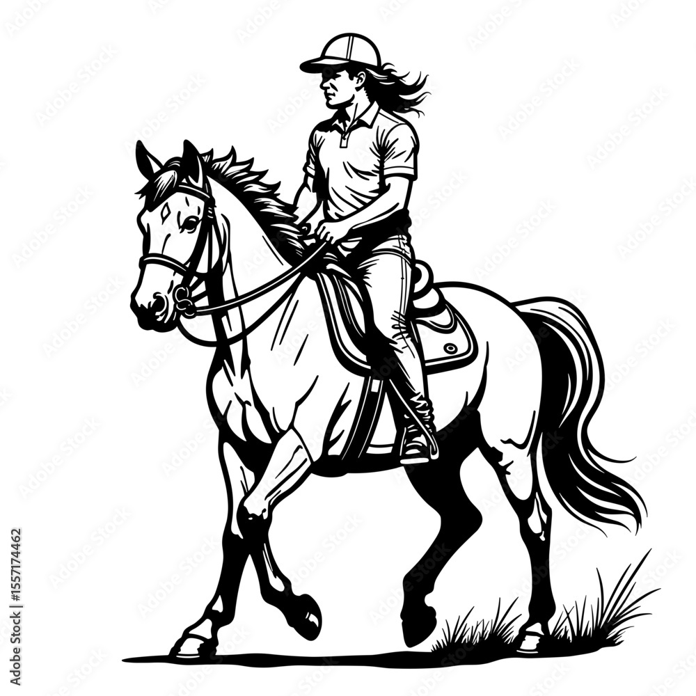 Fototapeta premium Horseback rider in line art style, equestrian adventure illustration