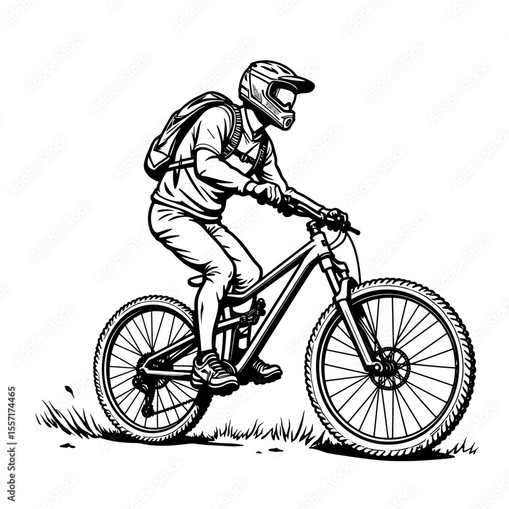 Fototapeta premium Mountain biker in detailed line art, outdoor adventure and exploration
