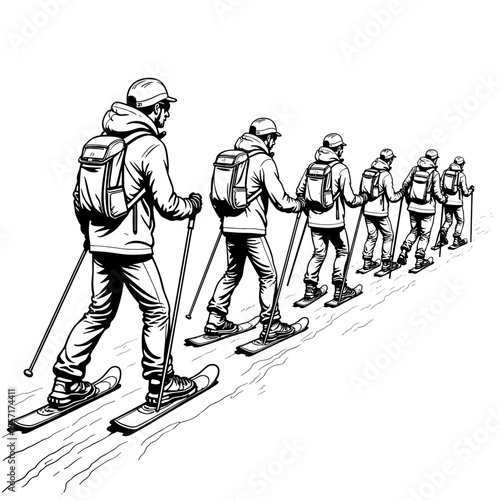 Line art of snowshoeing group hiking in winter, outdoor adventure illustration