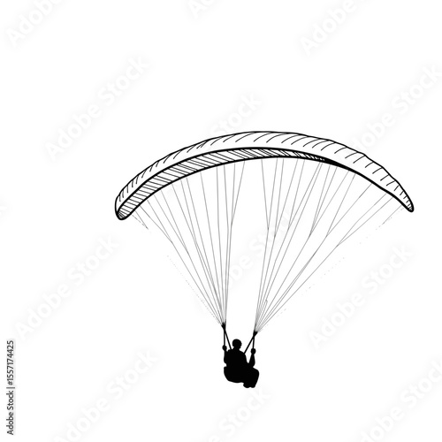 Paragliding line art, tandem flight adventure on white background, aerial sports