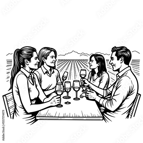 Wine tasting group visit in vineyard outline art, social gathering clarity