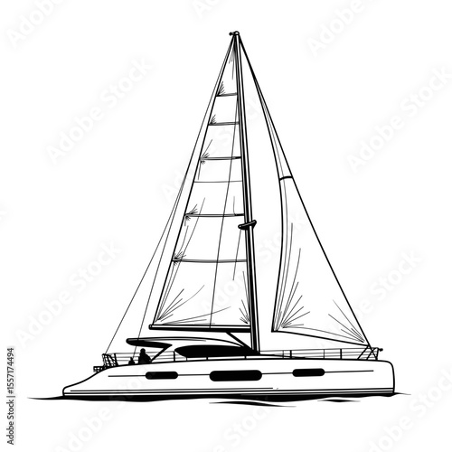 Line art catamaran sailing illustration, nautical adventure theme