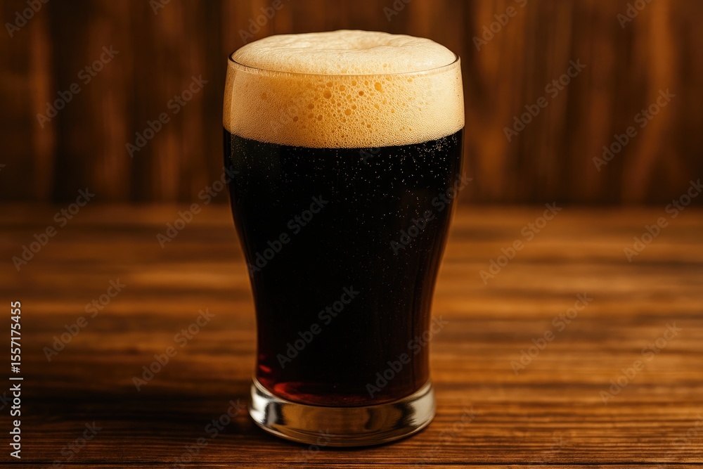 Detailed view of a frothy dark beer in a glass on a wooden surface Detailed view of a frothy dark beer in a glass on a wooden surface