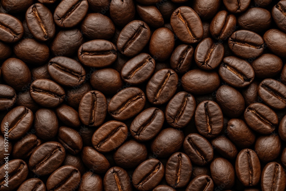 Detailed view of roasted coffee beans in a cluster Detailed view of roasted coffee beans in a cluster