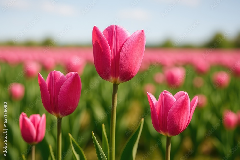 Obraz premium Macro shot of pink tulips with a blurred field behind, daytime outdoor setting