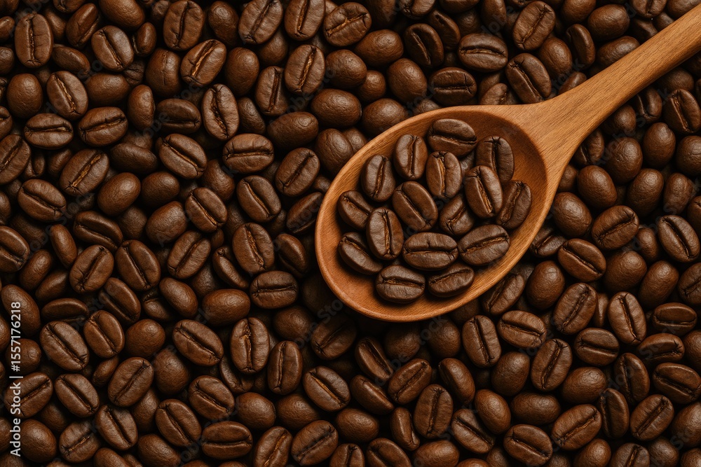 Fototapeta premium Detailed shot of roasted coffee beans with a wooden spoon, ideal for ads or backgrounds