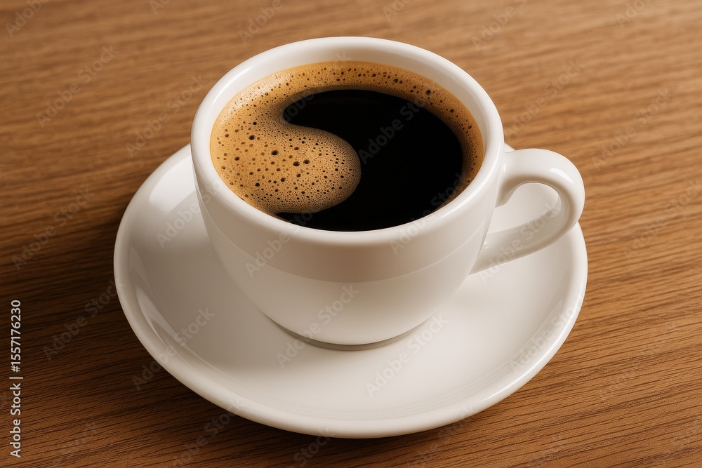 Fototapeta premium Detailed shot of a white coffee cup with light foam on a wooden table
