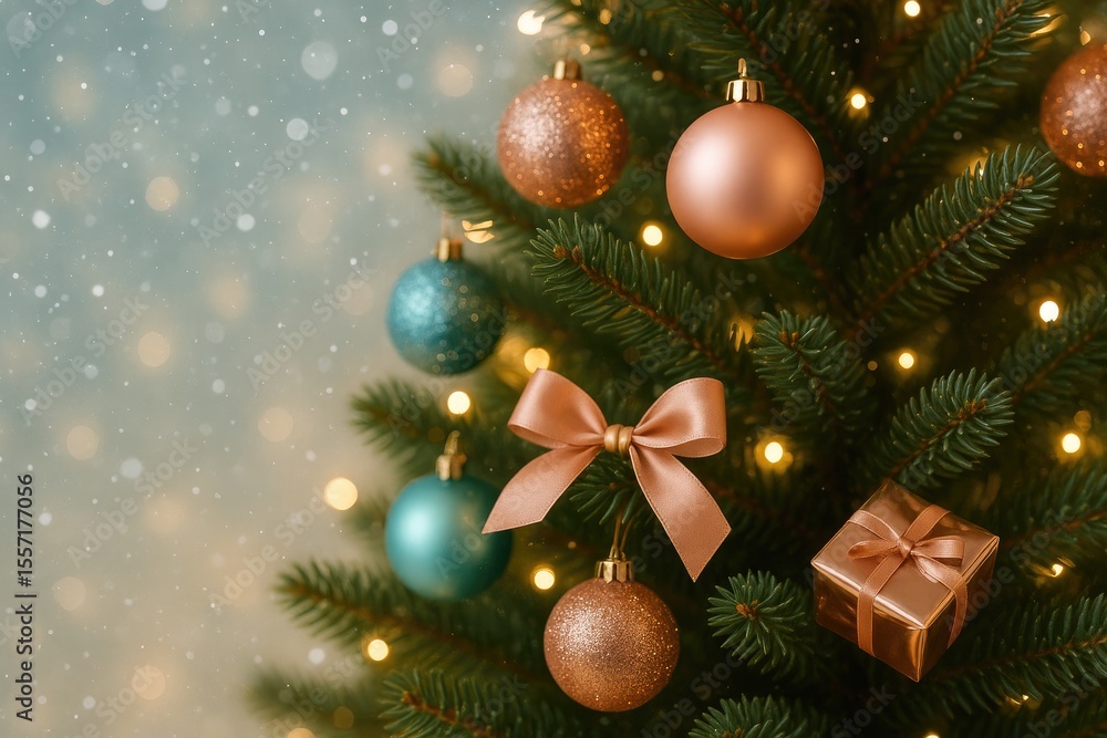 Detailed shot of a festive tree adorned with blush gold and teal ornaments against a soft, snowy holiday backdrop Detailed shot of a festive tree adorned with blush gold and teal ornaments against a soft, snowy holiday backdrop