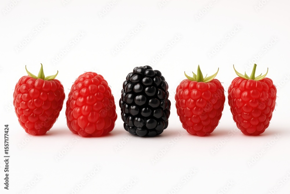 Line of fresh raspberries and blackberries on a white backdrop Line of fresh raspberries and blackberries on a white backdrop