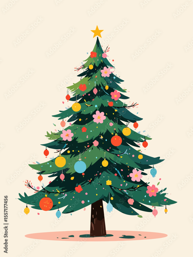 Christmas tree filled with floral ornament isolated on light background Christmas tree filled with floral ornament isolated on light background