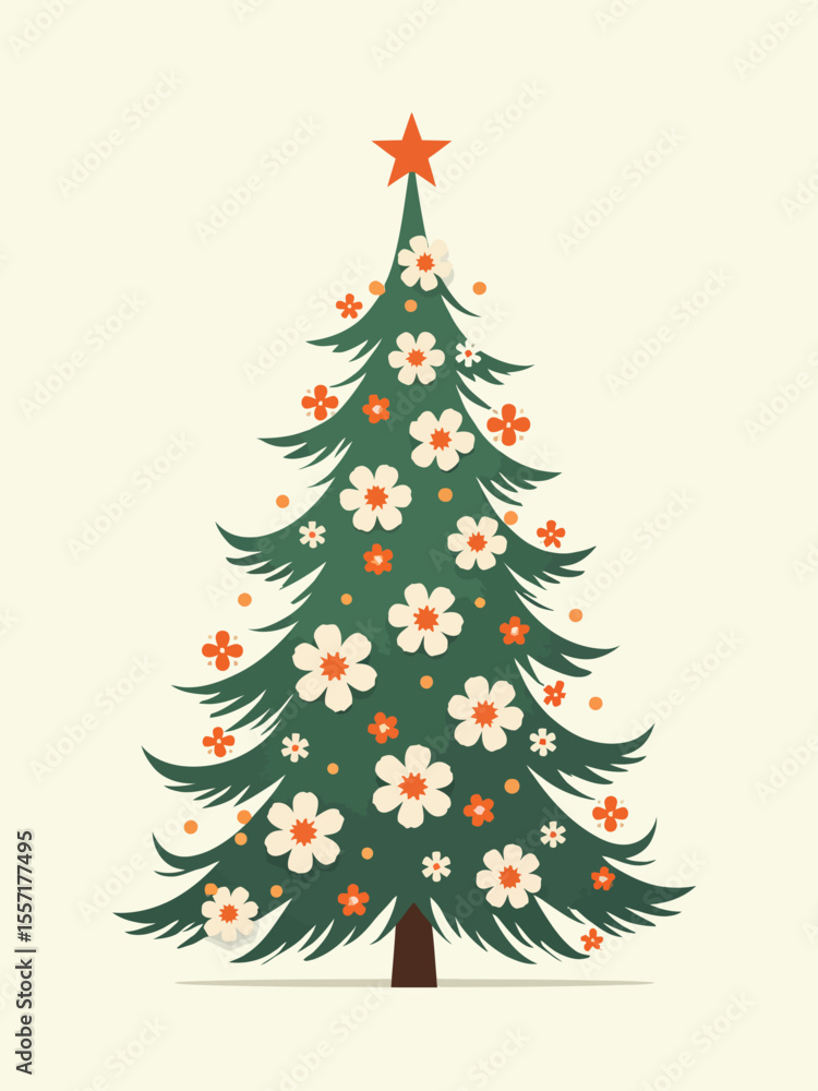 Christmas tree filled with floral ornament isolated on light background Christmas tree filled with floral ornament isolated on light background