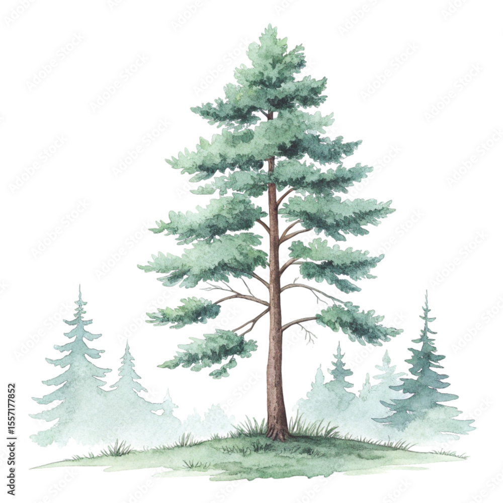 Obraz premium Green Tree Botanical Landscape Minimal Clipart Watercolor 