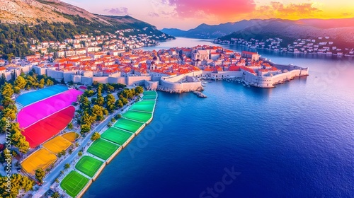 Fototapeta Naklejka Na Ścianę i Meble -  Colorful fields, Adriatic sunset, Dubrovnik aerial