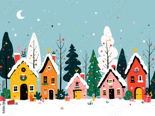 Cute hand drawn houses with Christmas decoration, horizontal seamless, great for textiles, banners, wallpapers 