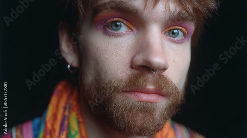 A Scottish male with rainbow eyeshadow gazing intently, colorful scarf suggesting vibrant Beltane festivity or avant-garde fashion