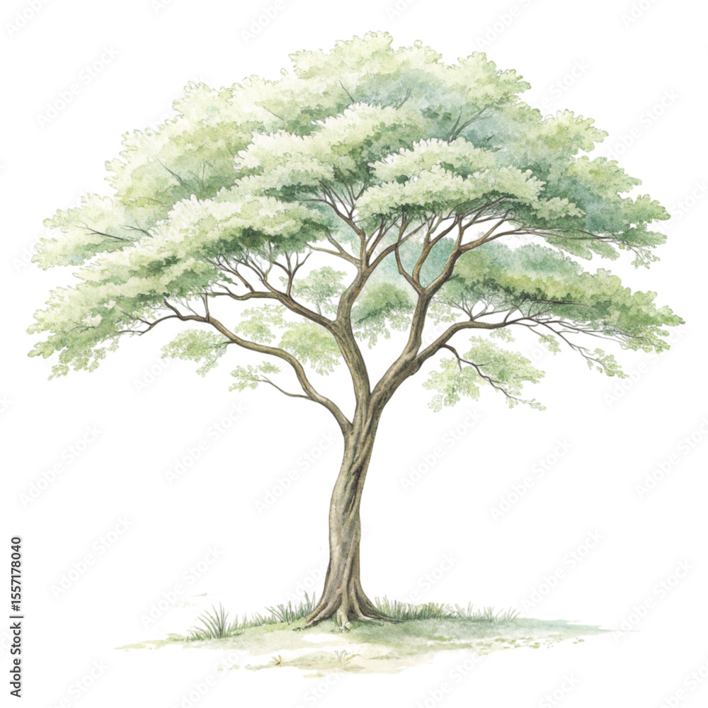 Obraz premium Green Tree Botanical Landscape Minimal Clipart Watercolor 