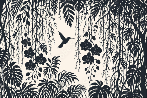 A beautiful vector silhouette of a hummingbird flying in a dense tropical jungle. An elegant, monochrome scene with exotic flowers and leaves.