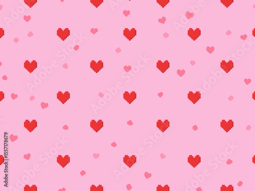 Minimalistic seamless pattern with red pixel hearts on a pink background
