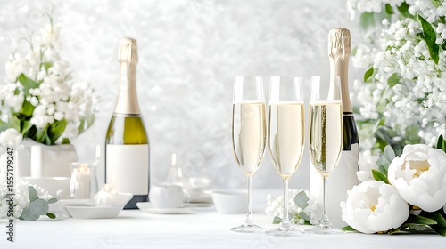 Festive champagne flutes, floral backdrop, white table, celebration