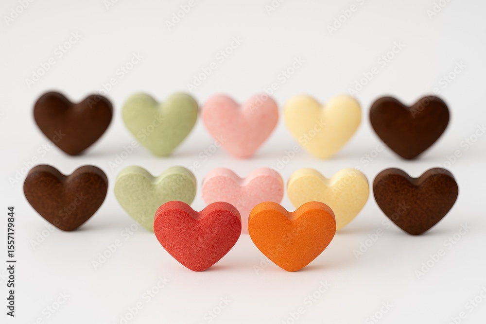 Fototapeta premium Vibrant heart-shaped herbal pills and supplements arranged in a colorful display with a prominent red and orange heart motif in the forefront.