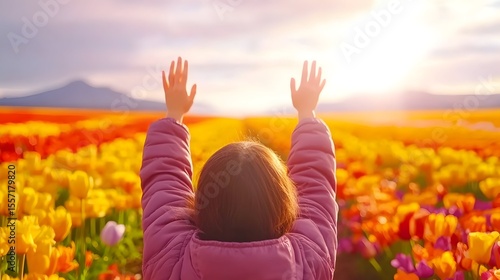 Girl joyfully celebrates in sunset tulip field
