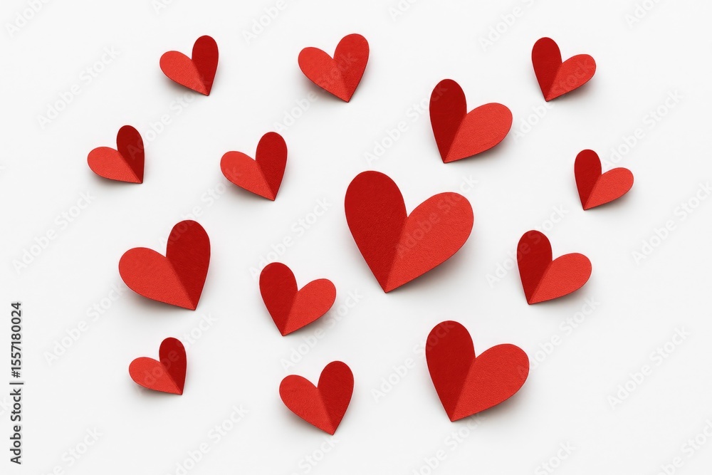 Red crafted paper hearts displayed on a plain white backdrop Red crafted paper hearts displayed on a plain white backdrop
