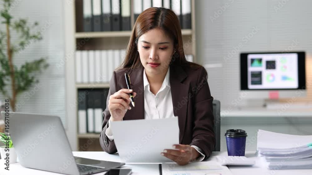 Businesswoman analyzing documents and working at her desk, concentration and decision-making in a professional office. Businesswoman analyzing documents and working at her desk, concentration and decision-making in a professional office.