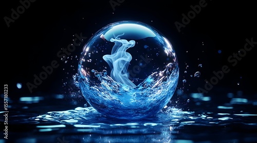 Glowing water sphere, swirling mist, dark background, purity concept