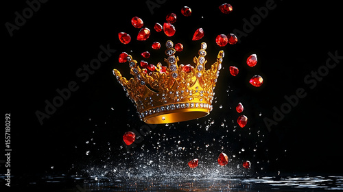 Gold crown jewels splashing dark water, red gems falling