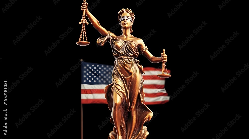 Obraz premium Lady Justice statue, scales, blindfold, US flag, legal concept