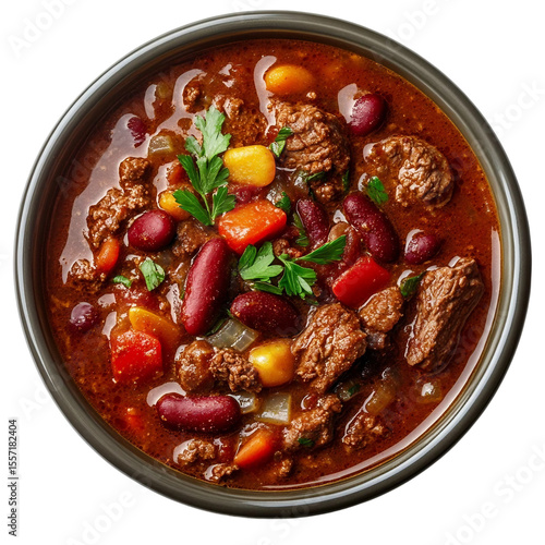  top down photo of beef chili stew in bowl on isolated [Transparent Background PNG]