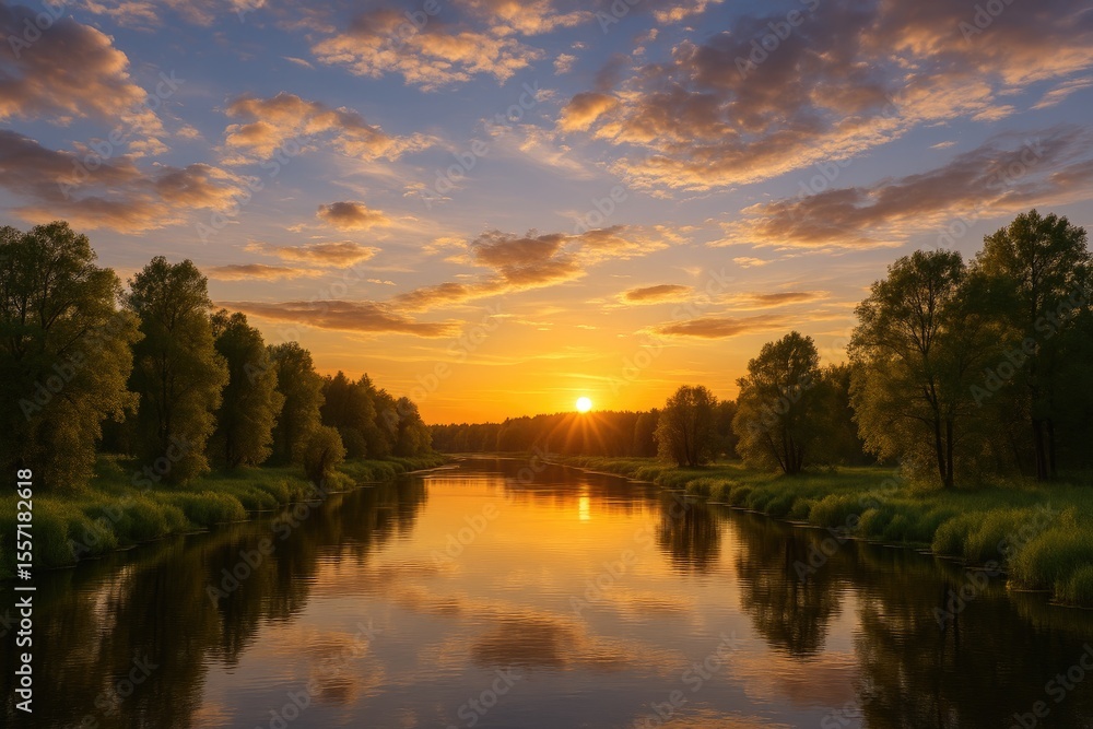 Obraz premium Beautiful landscape featuring a sky, lush trees, and flowing river