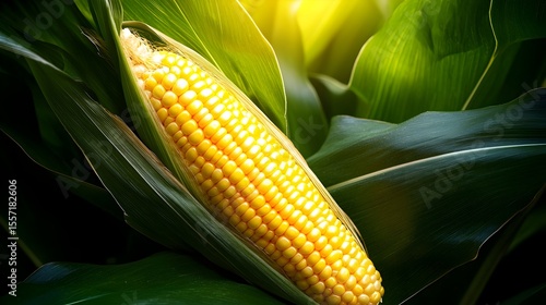 Ripe corn cob in field, sunlit leaves, harvest