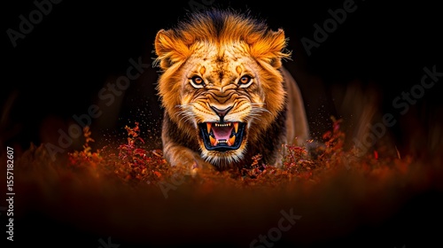 Roaring Lion Stalking Savanna Night, Wildlife Print