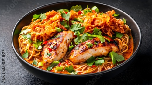 Spicy chicken noodle soup, dark background, restaurant menu
