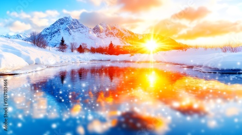 Sunset over snowy mountains reflecting in calm lake