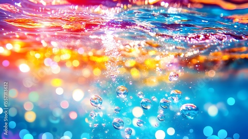 Underwater bubbles rising, colorful bokeh background, ocean, vibrant