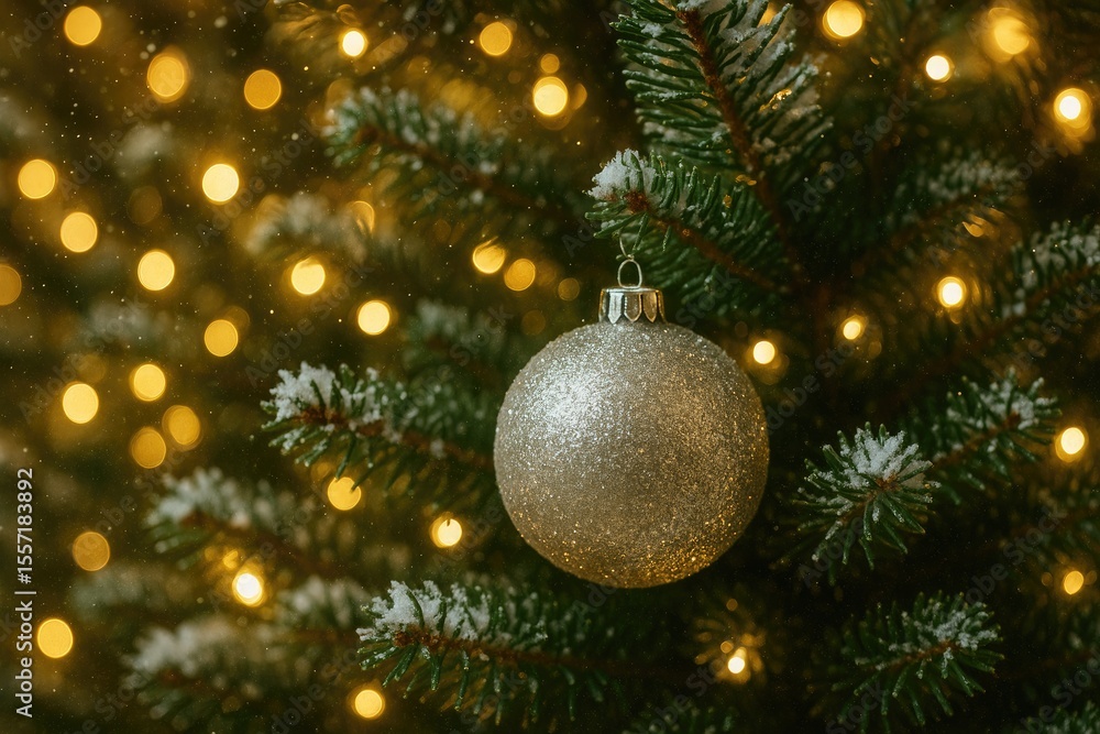 Festive holiday scene with shimmering ornaments and glowing lights on a snowy pine tree Festive holiday scene with shimmering ornaments and glowing lights on a snowy pine tree