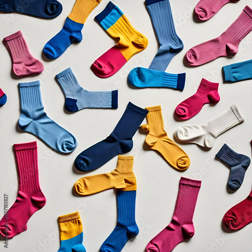 A variety of colorful socks many paired and some single scattered across a light surface