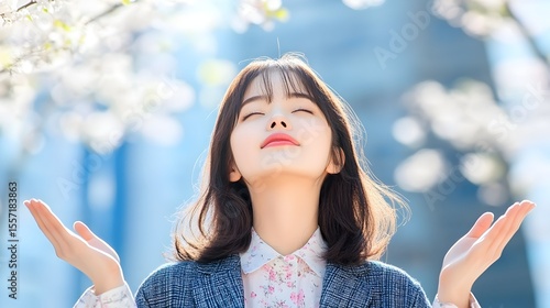 Woman enjoying cherry blossoms, city park, spring