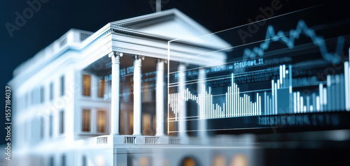 Government building finance economy data chart architecture business analysis statistics investment a neoclassical government building with columns and digital financial chart overlay symbolizing