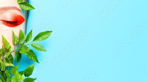 Woman's face, vibrant makeup, green leaves, blue background, beauty ad