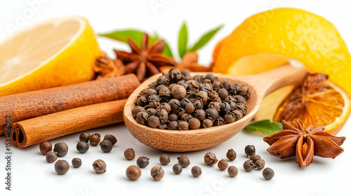 Wooden spoon of peppercorns, citrus, cinnamon, anise; white background; cooking ingredient