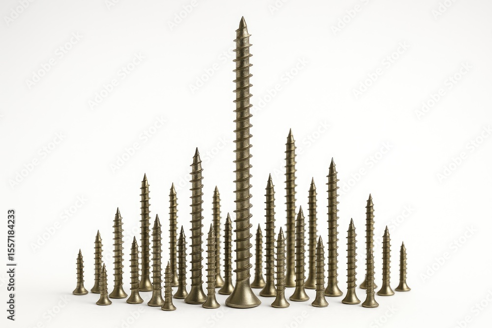 A towering screw surrounded by smaller screws in a city-like arrangement A towering screw surrounded by smaller screws in a city-like arrangement