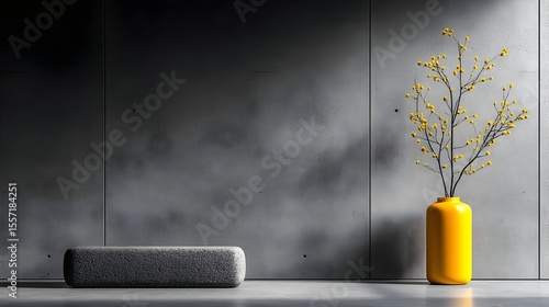Yellow vase, grey decor, concrete wall, studio setting, product display