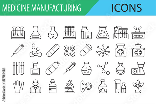 Drug Manufacturing Icons Set for Healthcare and Medical Industries