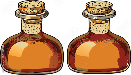 Two antique potion bottles with cork stoppers and brown liquid illustration