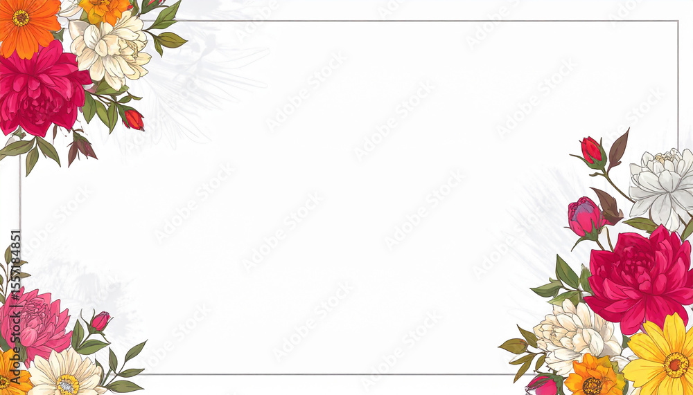 Obraz premium Luxurious wallpaper. Banner with flowers. Watercolor pink, blue, lilac spots on a white background. Shiny flowers and twigs. Copy space for text