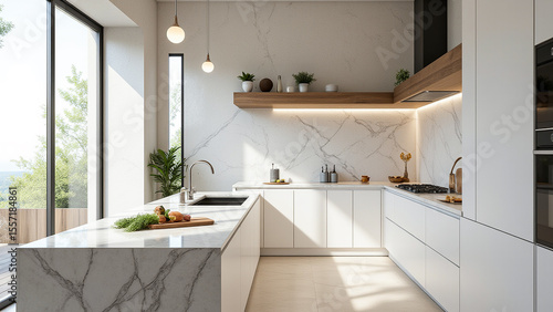 modern kitchen with white cabinets and marble counter tops